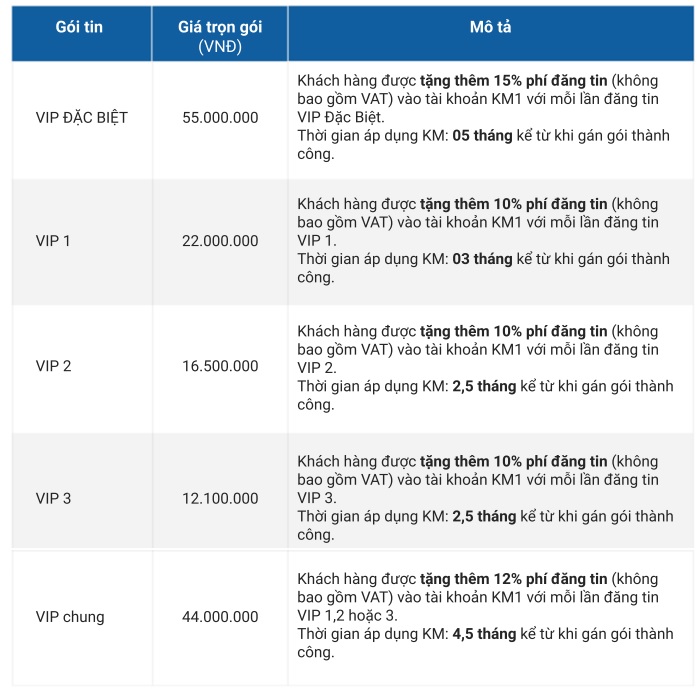 Báo giá các gói tin đăng chính của batdongsan.com.vn