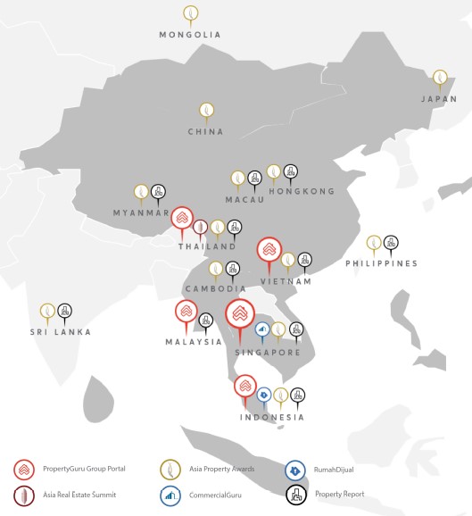 Bản đồ các hoạt động của Propertyguru, cơ quan chủ quản của batdongsan.com.vn, tại các nước