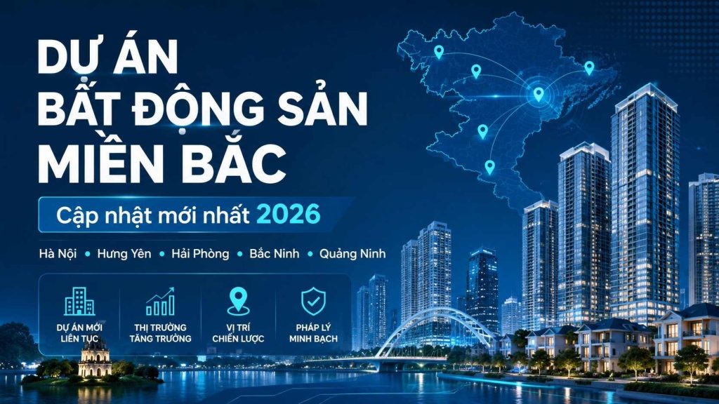 Ảnh đại diện bài viết tổng hợp các dự án bất động sản mới tại miền Bắc năm 2026, cập nhật thị trường Hà Nội, Hưng Yên, Hải Phòng, Bắc Ninh và Quảng Ninh...